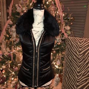 White House Black Market  Silky vest with faux fur